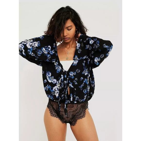 Women’s Free People Forties Feel Bodysuit Blue Black Combo Boho Top Size S - Picture 1 of 4